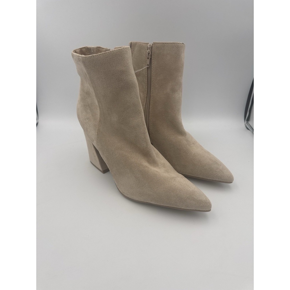 Women's Beige Faux Suede Pointed Toe Block Heel Ankle Boots Size 10 Zip